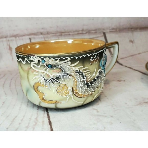 Vintage Japanese Dragonware Teacup & Saucer Set Moriage Demitasse Hand Painted - Picture 7 of 11